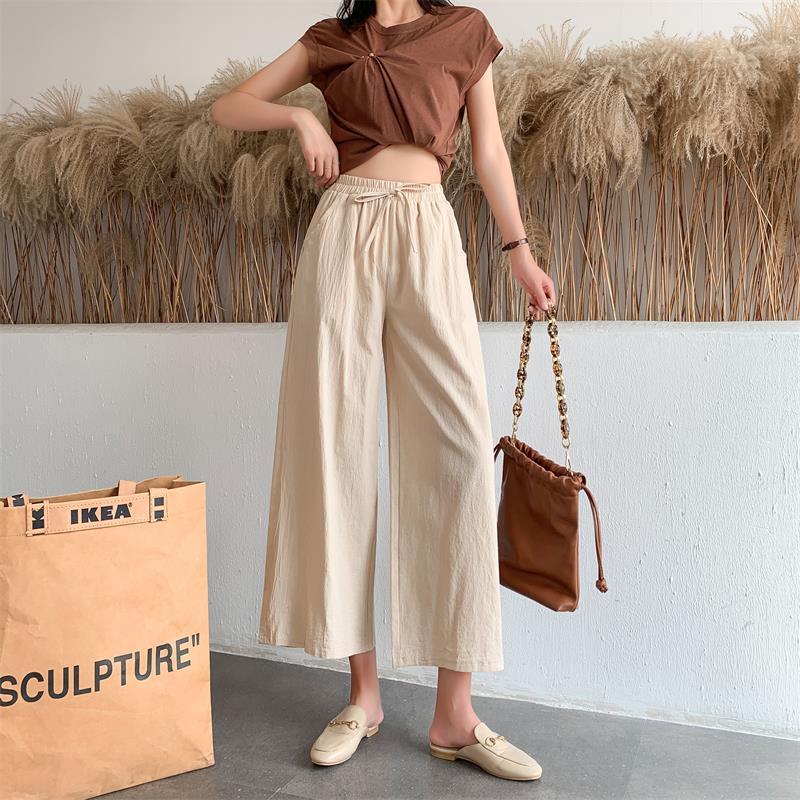 Spring Summer Women Wide leg Pants cotton linen Calf-Length pants Casual loose solid straight women soft 210524