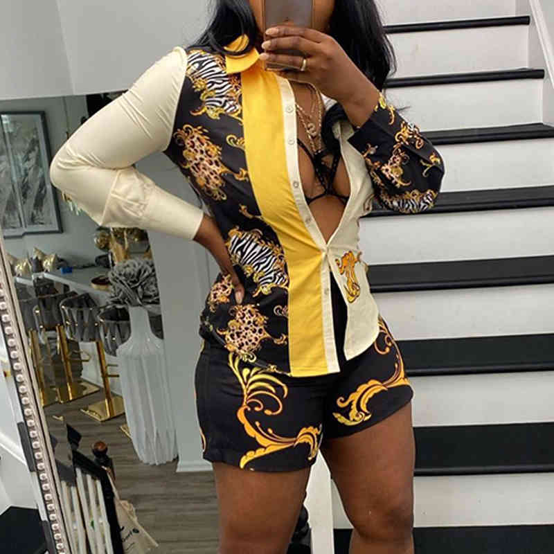 Two Piece Summer Vintage Shorts Suits Long Sleeve Button Down Shirts Blouse & Regular Shorts Set 210521