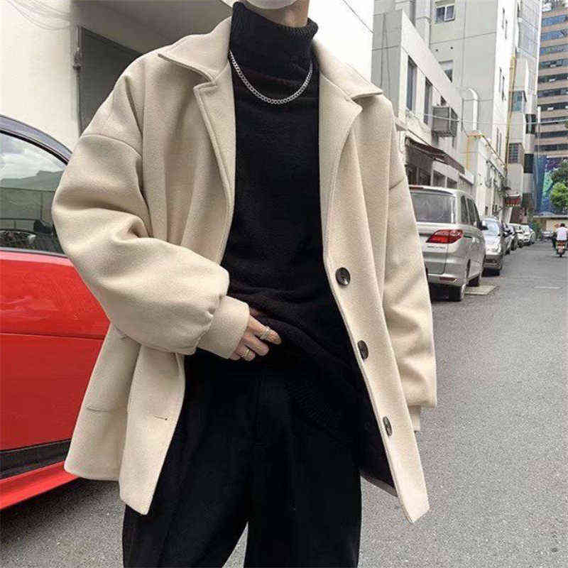 Woolen Coat Men Autumn Winter Korean Fashion Turn-down Coats Thicken Windbreaker Solid Single-breasted Outerwear Male 211122
