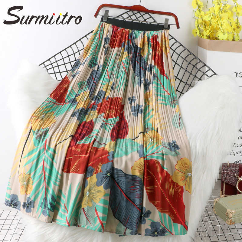 SURMIITRO Floral Print Chiffon Maxi Skirt Women With High Waist Spring Summer Ladies Red Black Long Pleated Female 210619