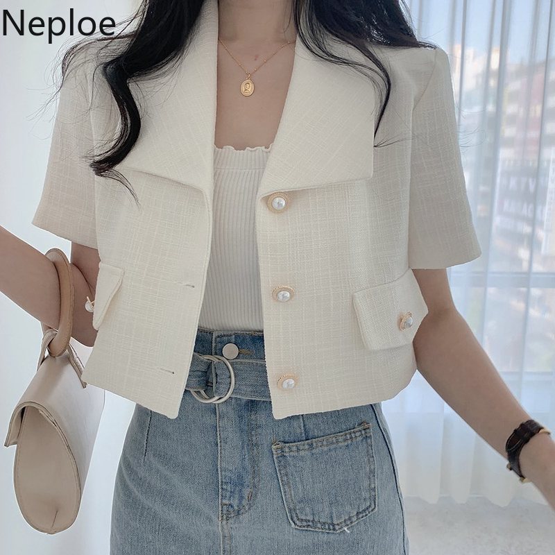 Neploe Blusas Mujer De Moda Verano Korean Elegant Blouses Women Office Lady Shirt Notched Collar Short Blouse Tops 94894 210422