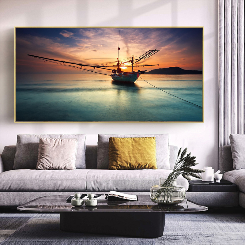 Large Size Boat Sunset Poster Landscape Canvas Painting Wall Art Pictures for Living Room Modern Home Decor Ship On Sea Scenery