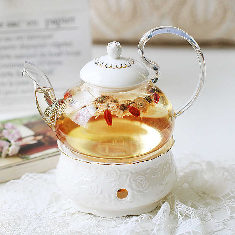 Ceramic Teapot With Strainer Vintage Porcelain British Tea Pot And Cup Set Candle Heating Glass Coffee Mugs Home Decoration 210724