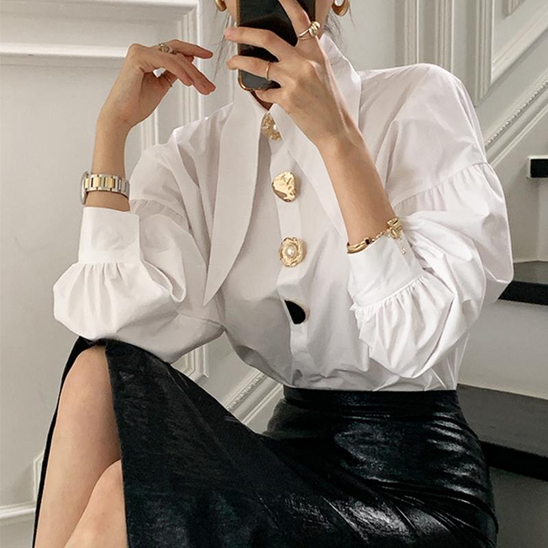 Women's Blouses & Shirts 2021 Autumn Pointed Collar White Shirt Women Lantern Long Sleeve Single Breasted Office Lady Elegant Chic Casual