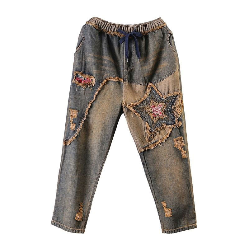 Spring Vintage Patchwork Embroidery Women Jeans Hole Ripped Medium Loose Harem Denim Pants Female Cotton Elastic Waist D97 210512