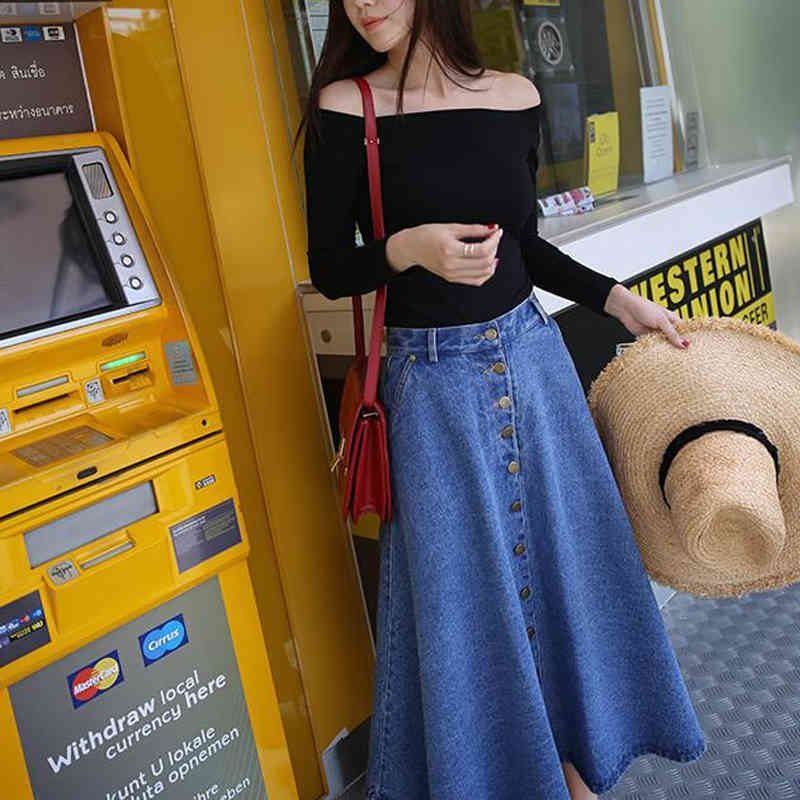 High Waisted Denim Skirt for Women Pleated Long s Vintage Single-breasted Harajuku Female A-Line s 210428