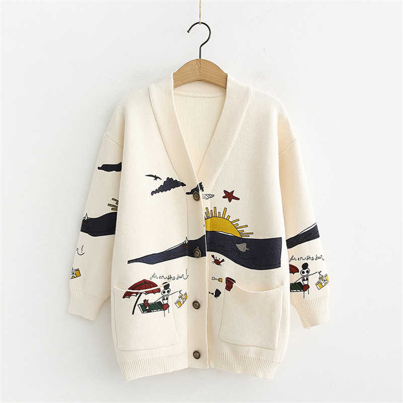 Cardigan Sweater Women's Autumn And Winter Loose Cute Print Joker Long Sleeve Women's Knitted Jacket Sweaters Oversize 210714