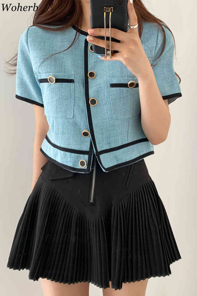 Women Jacket Chic Arrival Office Lady Korean Clothes O-neck Single Breasted Coat Contrast Color Thin Short Tops 92992 210519
