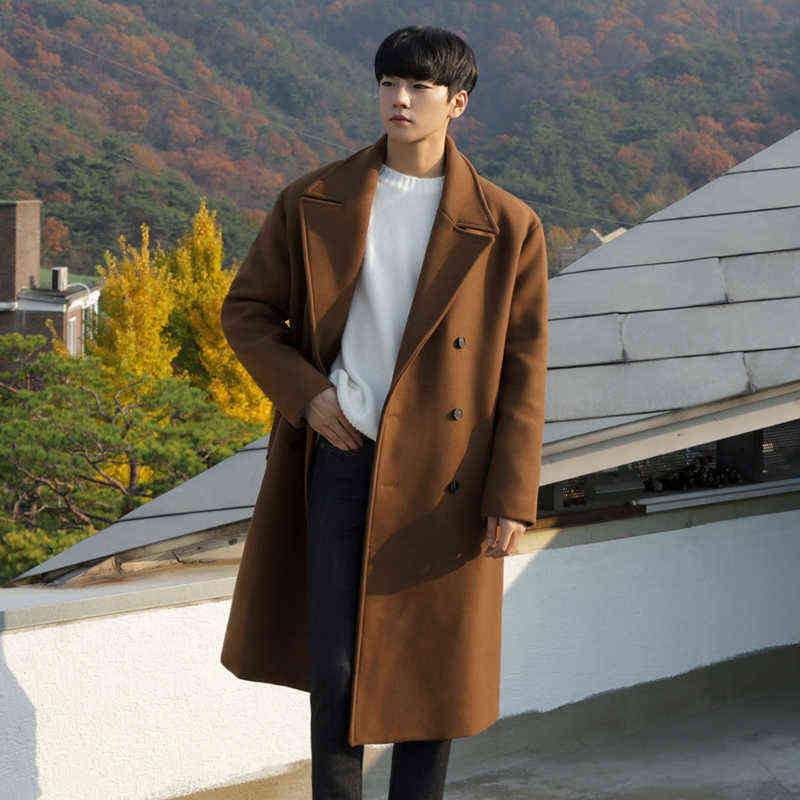 IEFB /men's wear mid-length woolen coat men's autumn winter thickened woolen coat fashion double breasted long coat 9Y3900 211122