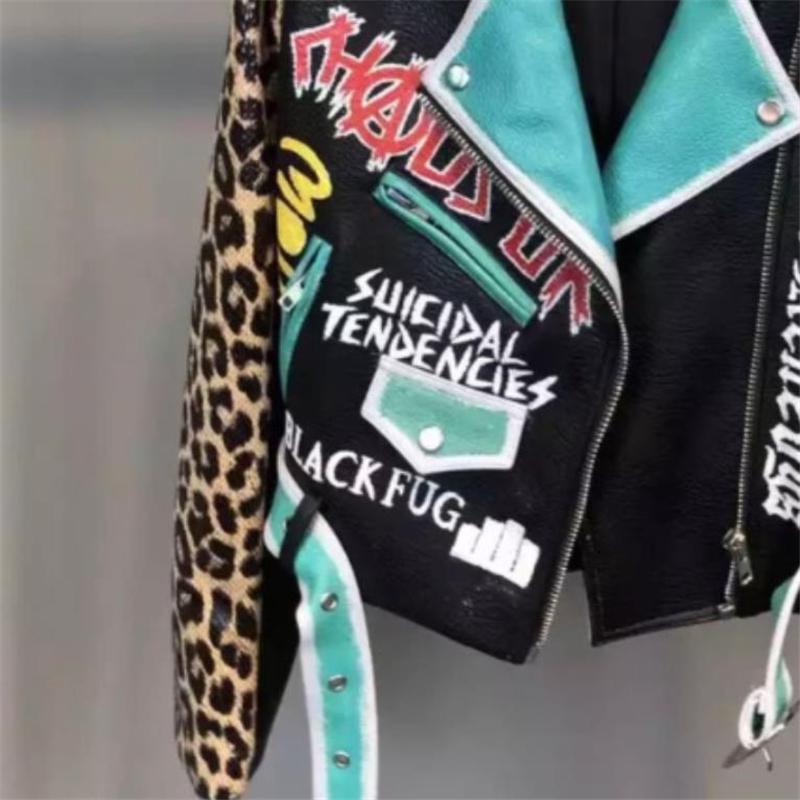 Women's Leather & Faux Spring Autumn Short Leopard Printing PU Jacket Women Letter Print Lapel Belted Coat Motorcycle Style Y1161