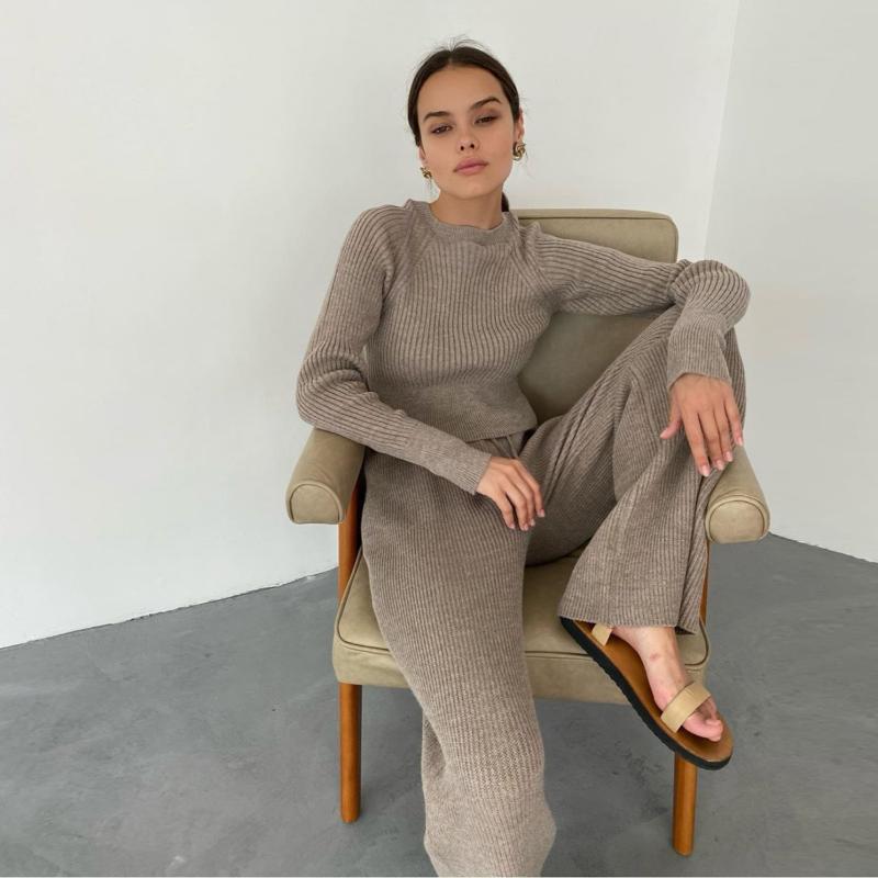 Women's Two Piece Pants Knitted Sweater Long Sleeve Top And Set Women Autumn Winter Outfits Cozy Lounge Wear