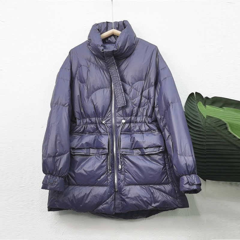 Janveny Winter Women Lightweight 90% White Duck Down Coat Thick Warm Long Sleeve Loose Puffer Jacket Pocket Snow Parkas 211018