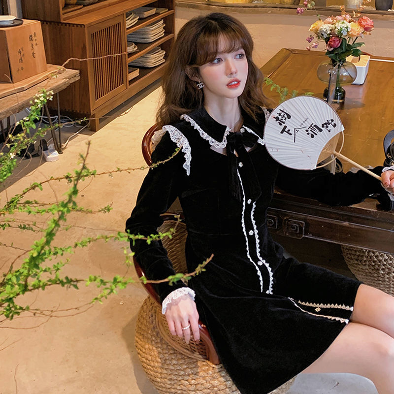 French Vintage Mini Dress Women Fashion Evening Party Black Dress Female Long Sleeve Lace Bow Dress Korean Spring 210521