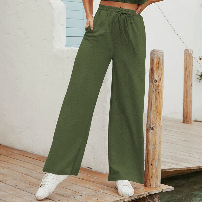 Pockets Drawstring Waist Women Casual Trousers Fashion Loose Sports High Pants Female Solid Wide Leg 210510