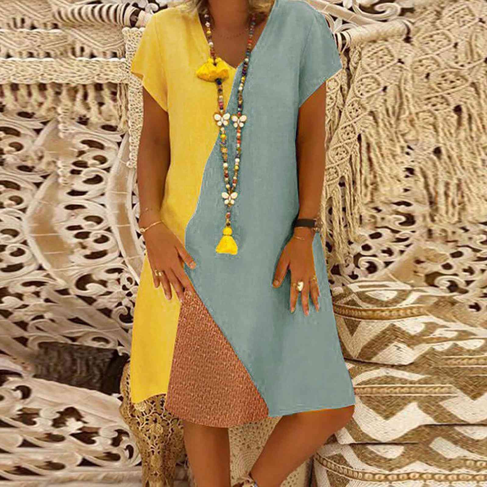 summer short sleeve womens dresses v neck color block vintage vestidos plus size clothing beach casual, Black;gray
summer short sleeve womens dresses v neck color block vintage vestidos plus size clothing beach casual, Black;gray