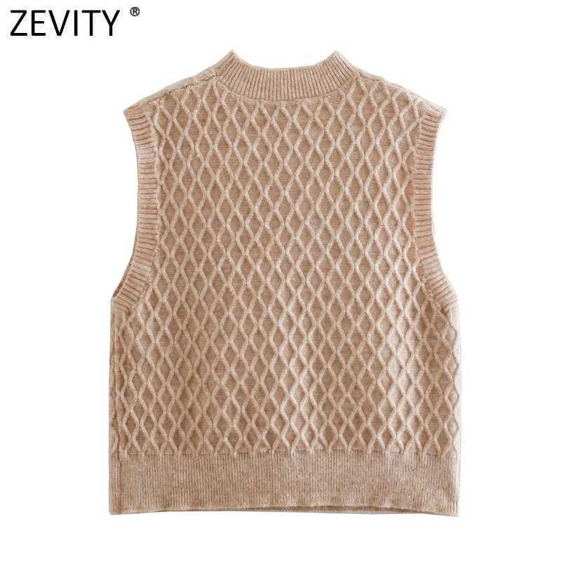 Zevity Women Honeycomb Stitched Vest Short Knitting Sweater Female Chic O Neck Sleeveless Solid Slim Pullovers Tops SW818 210603