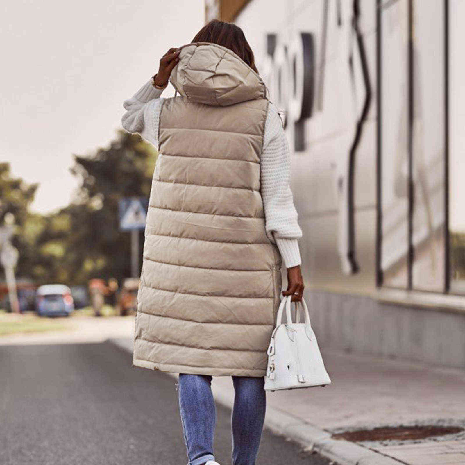Women's Long Winter Coat Vest Hooded Sleeveless Warm Down Pockets Quilted Jacket Female Outdoor 40 211120