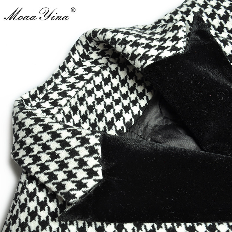 Winter Fashion Set Women's Lantern Sleeve Double breasted Windbreaker Overcoat Tops+Trousers Houndstooth Two-piece set 210524