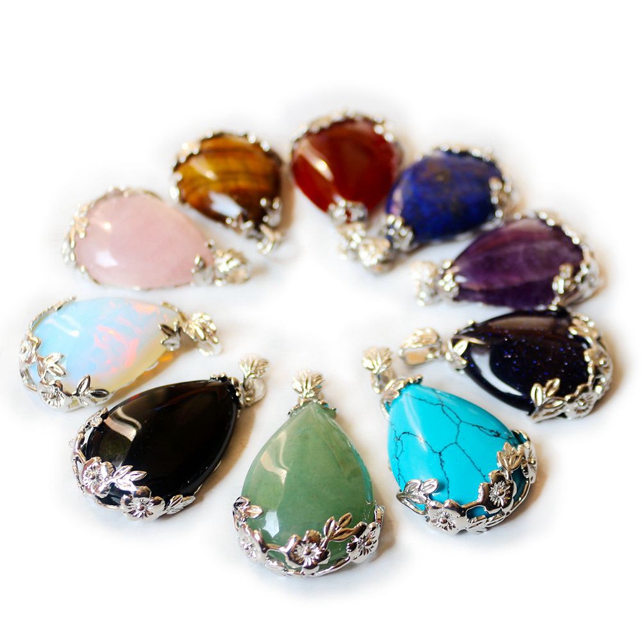 Natural Gemstong Angel's Tears Shape Plum Blossom Women Pendant Water-drop Shaped Stone Reiki Necklace Amethyst Rose Quartz Obsidian Healing Crys