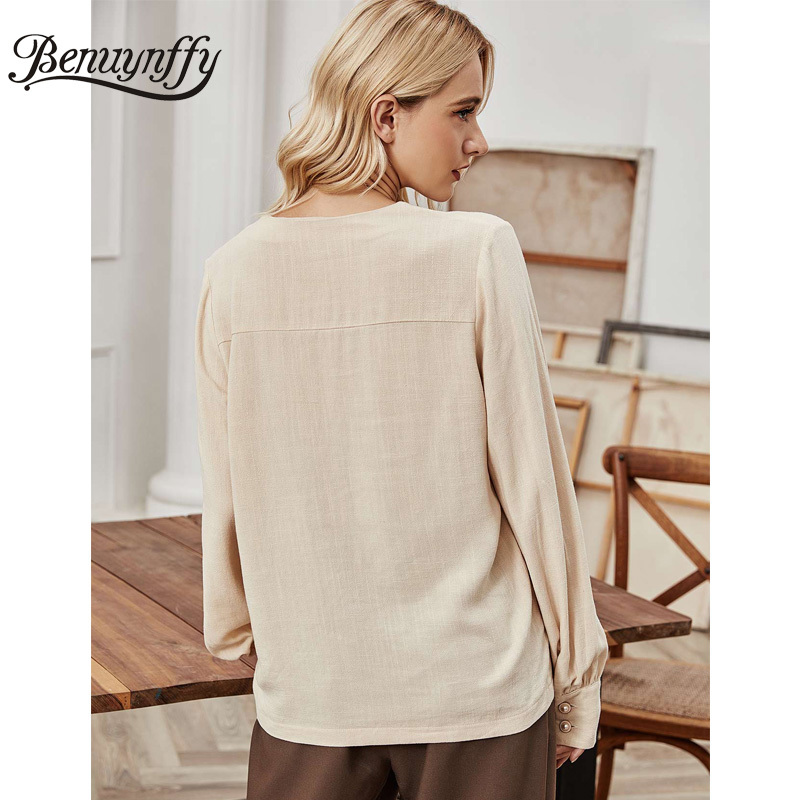 V-neck Button Up Bishop Sleeve Linen Women Shirts Autumn Basic Solid Casual OL Top Bloses Long Loose 210510
