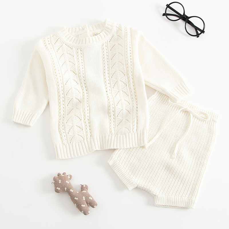 Spring Autumn Infant Baby Boys Girls Knit Long Sleeve Hollow-out Sweater + Shorts Pants Clothing Sets Kids Boy Girl Suit Clothes 210521
