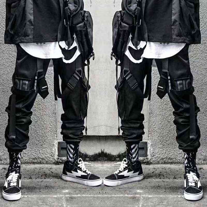 HOUZHOU Cargo Pants for Men Joggers Hip Hop Techwear Streetwear Casual Gothic Trousers Male Summer Black Sweatpants Ribbons 211112