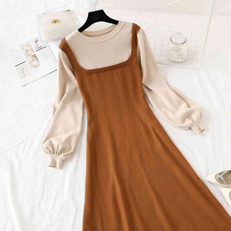 Autumn Winter Sweater Dress Women Long Sleeve O-neck Knitted Dress Vintage Female Sweater Bottoming Slim A Line Dresses 210521