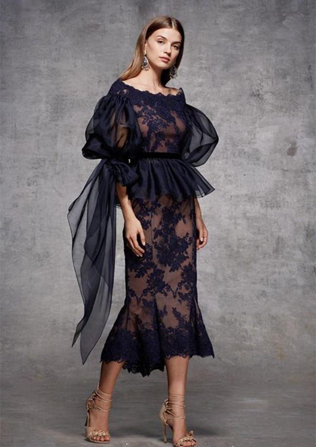 Elegant Tea Length Straight Evening Dresses For Women 2022 Scoop Neck Dark Navy Lace And Champagne Lining Short Sheath Formal Party Gowns Puff Sleeve 