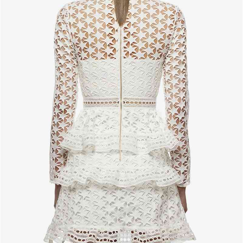 Arrival Spring Red/Blue/Party Lace Hollow Out Dress Women Long Sleeve Vestidos 210520