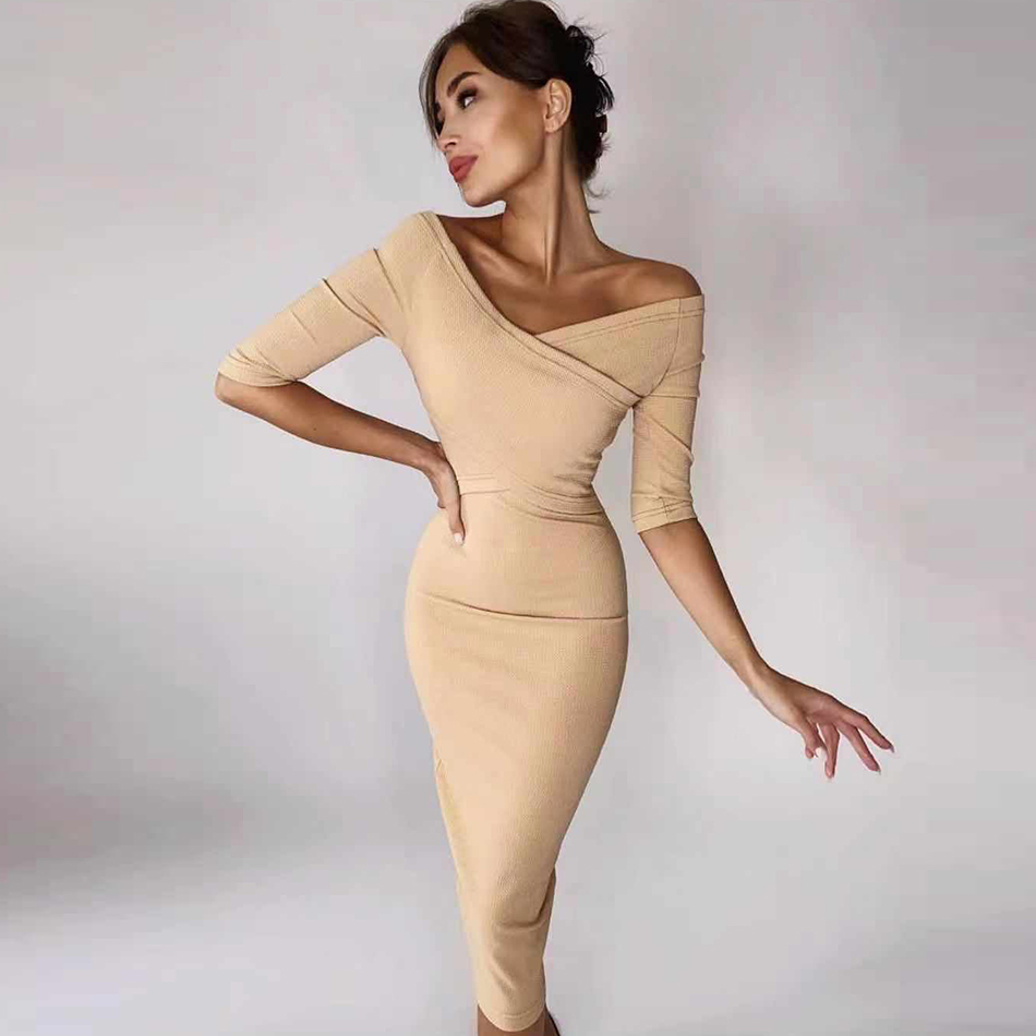 Summer Off Shoulder Bodycon Bandage Dress Women Sexy Half Sleeve Nude Midi Celebrity Evening Runway Party Dresses 210423