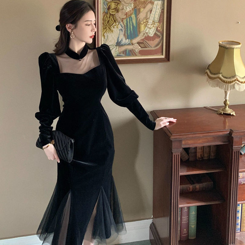 French Vintage Black Dress Women Spring Long Sleeve Slim Evening Party Dress Female Gothic Dress Koran Winter 210521