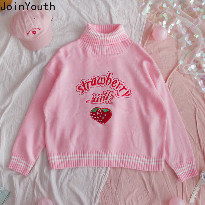 Joinyouth Turtleneck Sweater Sweet Embroidery Strawberry PKnitted Pullovers Ropa Mujer Wear Oversized Loose Jumper Pull Femme 210914