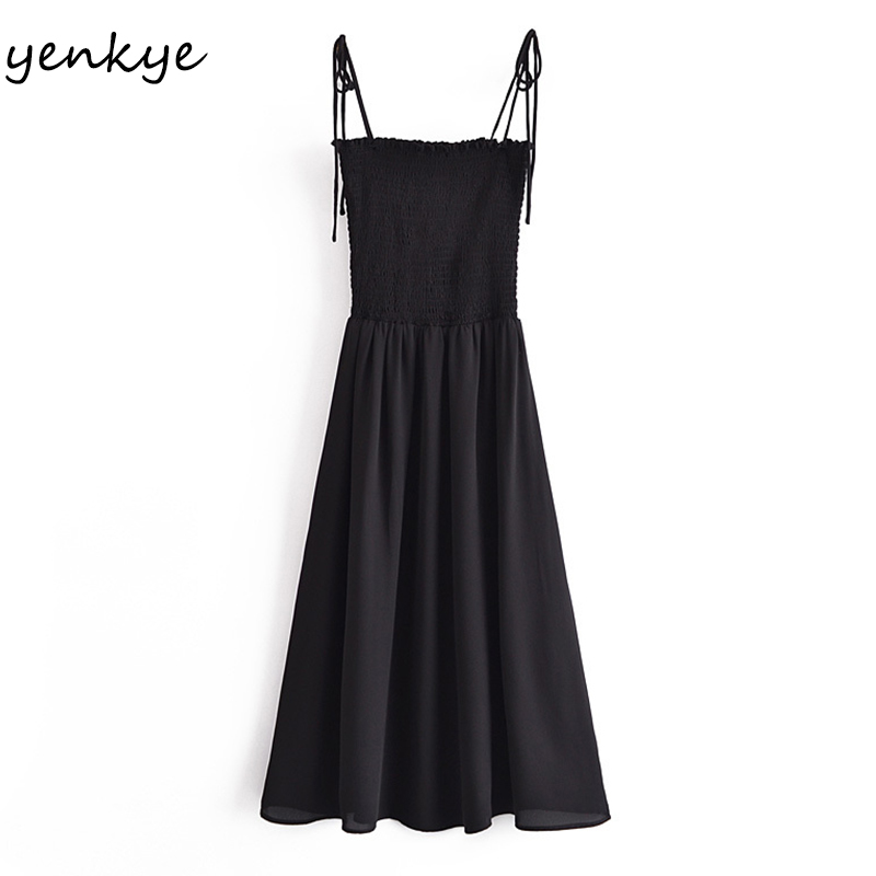 YENKYE Sexy Spaghetti Strap Black Party Dress Women Summer Chiffon Dress Female Night Out Vestido 210515
