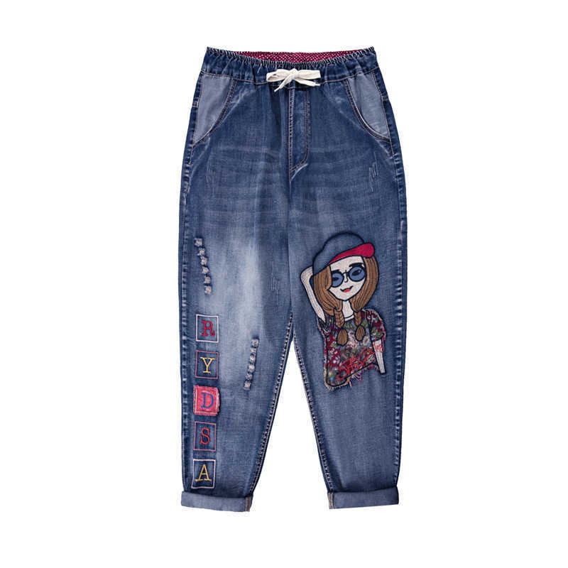 Cartoon Gril Embroidery Jeans Women Spring Fashion Elastic Letter Patchwork High Waist Denim Harem Pants Lady Casual Trousers 210922