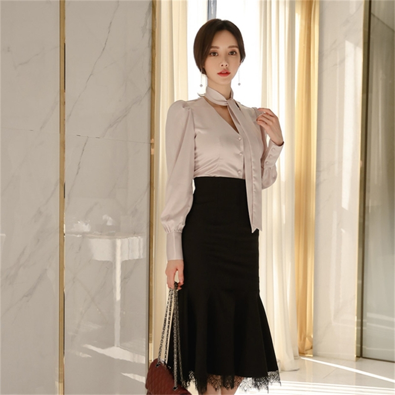 Spring Office Ladies 2 Pieces Set Women Long Puff Sleeve V-neck Beige Blouse Shirt+Lace patchwork Mermaid Skirt Suit 210529