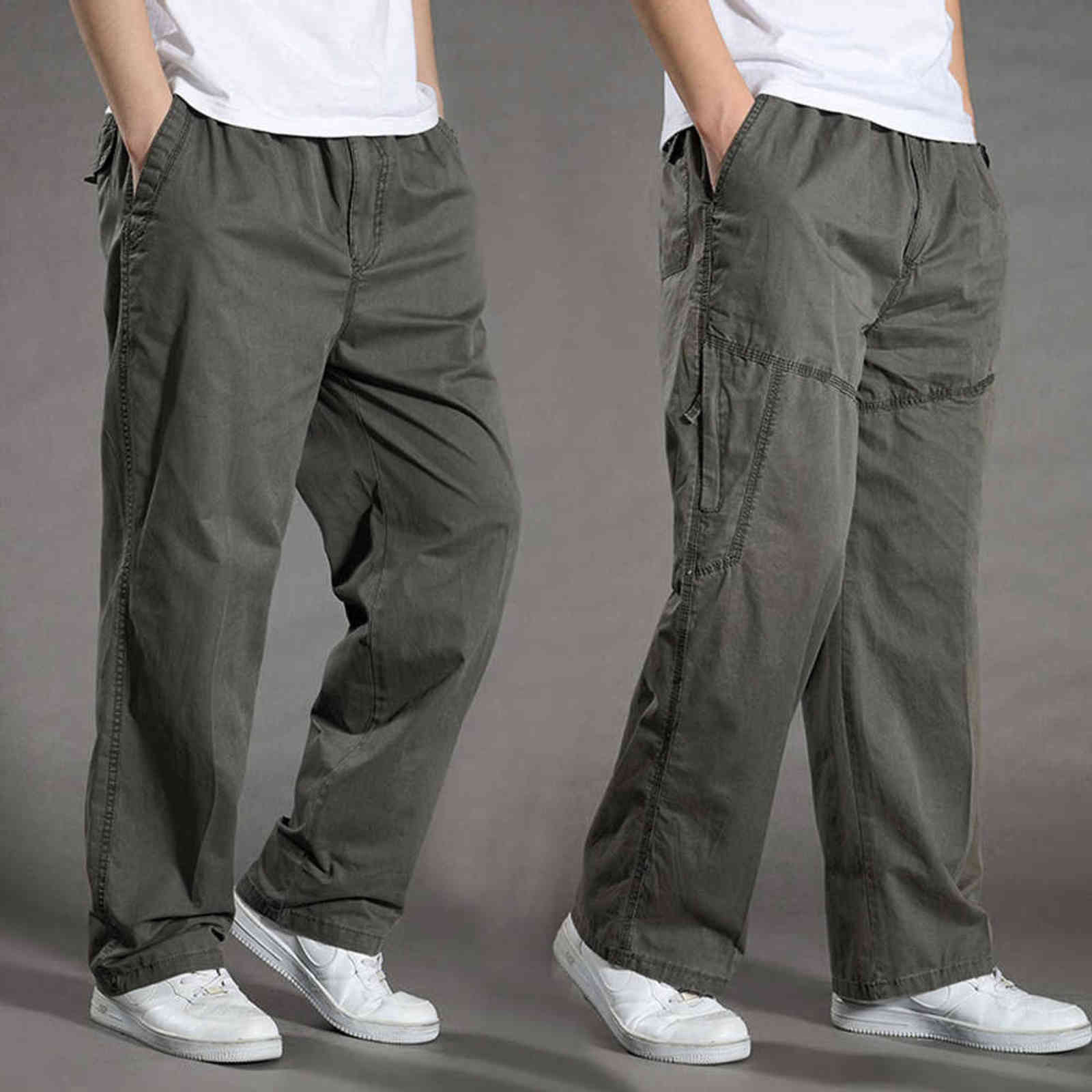 Men's Casual Trousers Cotton Overalls Elastic Waist Full Len Multi-Pocket Plus Fertilizer Men's Clothing Big Size Cargo Pants 211112