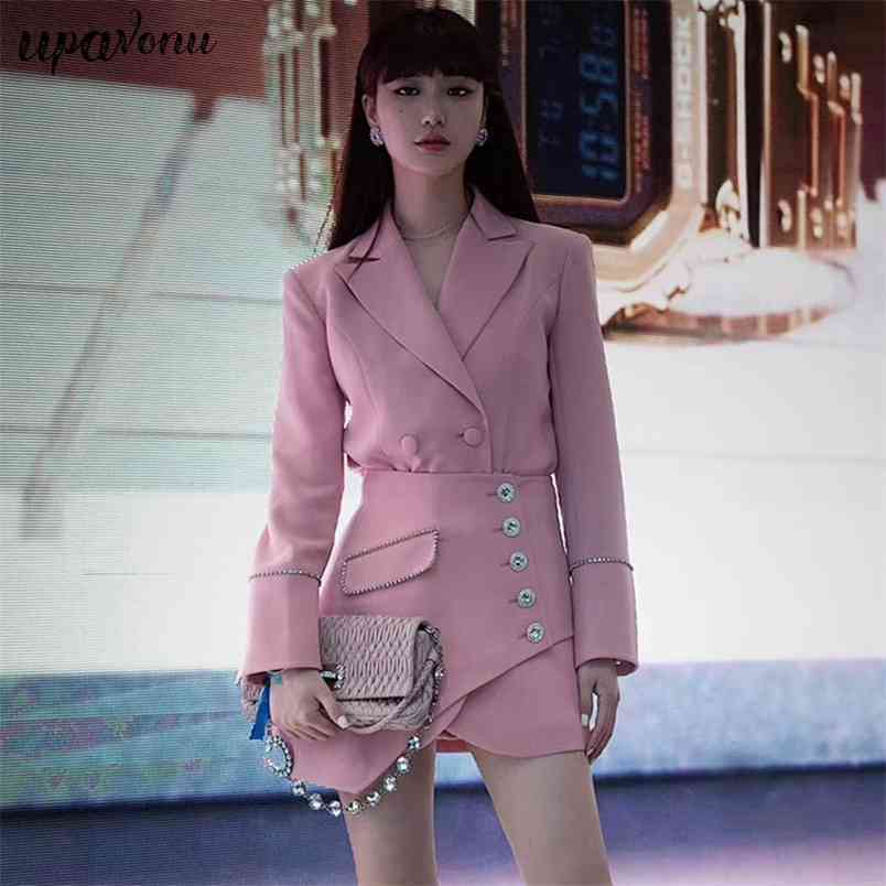 Free Autumn Women Dress Pink Sexy Lapel Double-breasted Diamond Slim Fit Suit & Girdle Club Party 210524