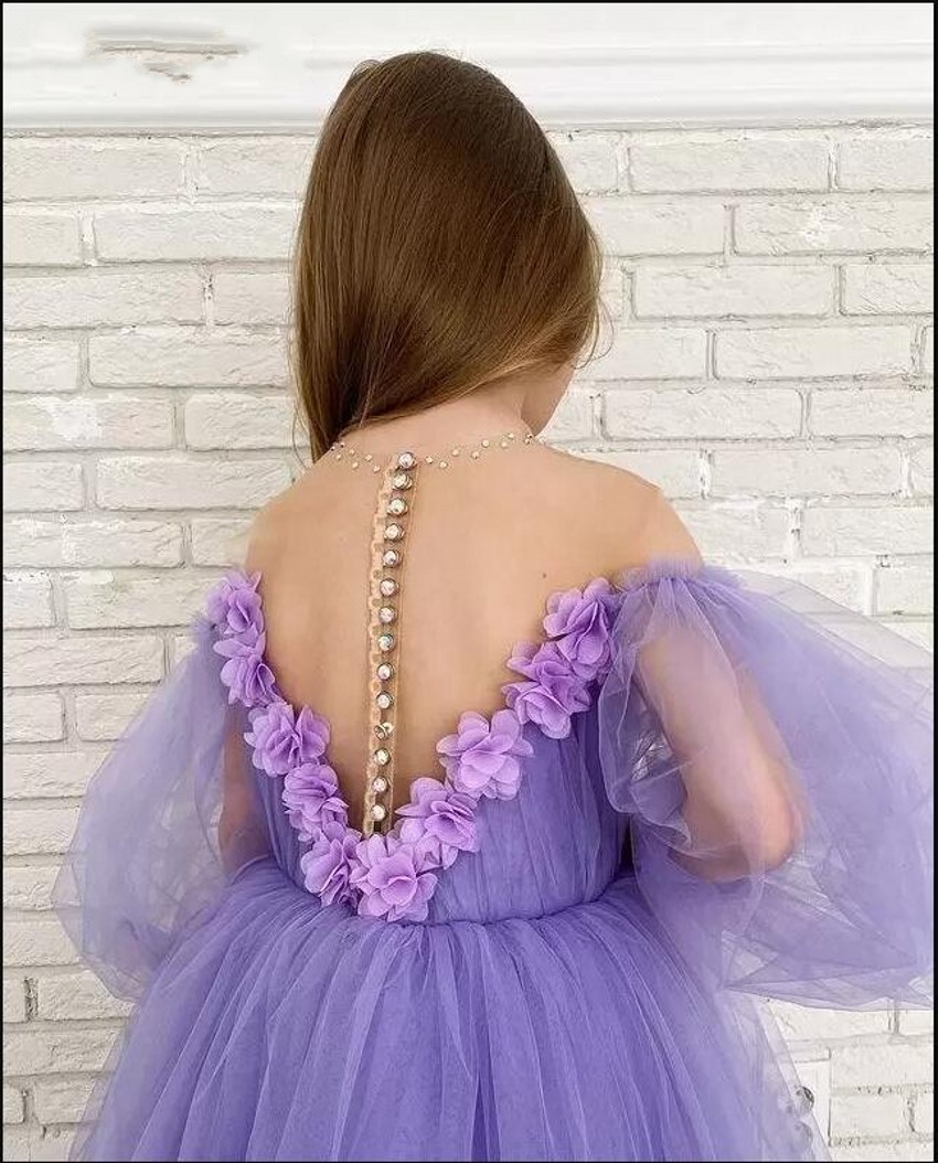 Green Mint Lavender A Line Girls Pageant Dresses Sheer Neck Long Sleeve Floor Length 3D Floral Beads Child Birthday Party Gowns Kids Formal Dress