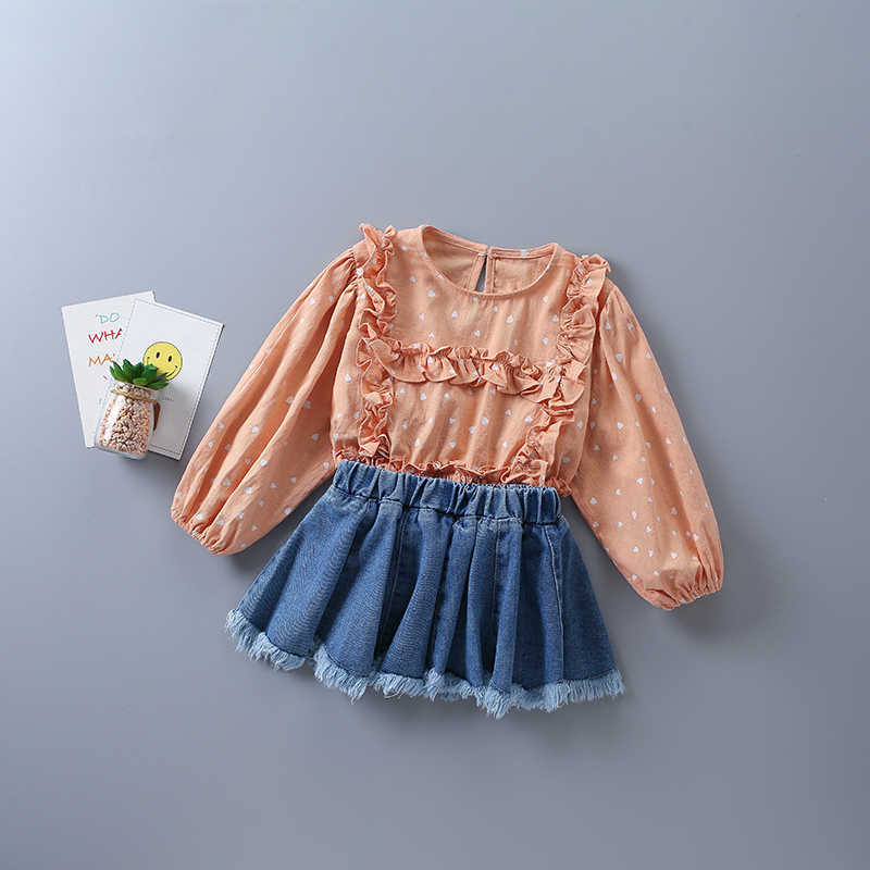 2-7 years high quality girl clothing set autumn fashion orange white polka dot shirt + denim skirt kid children clothes 210615
2-7 years high quality girl clothing set autumn fashion orange white polka dot shirt + denim skirt kid children clothes 210615