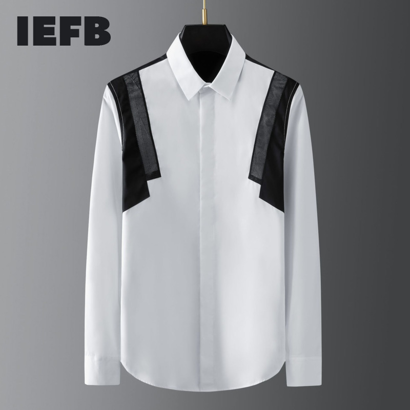 IEFB Fashionable Multi Position Black And White High Fiber Mesh Splicing Men's Slime Trend White Shirt Spring Blouse 9Y5609 210524