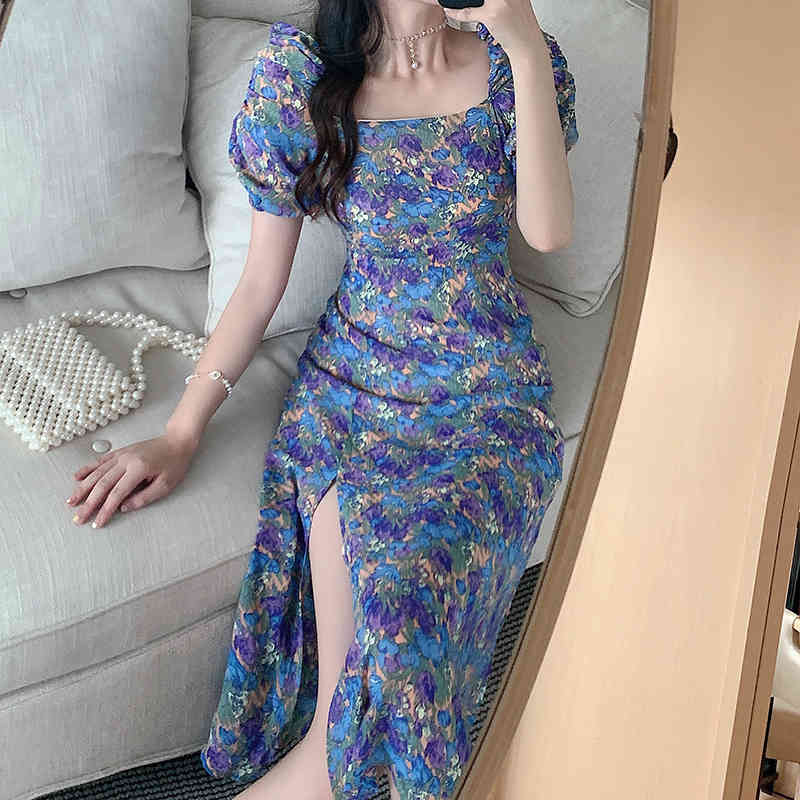 French Vintage Floral Dress Summer Puff Sleeve Women Square Collar Sexy Split Casual Ladies Party 210519