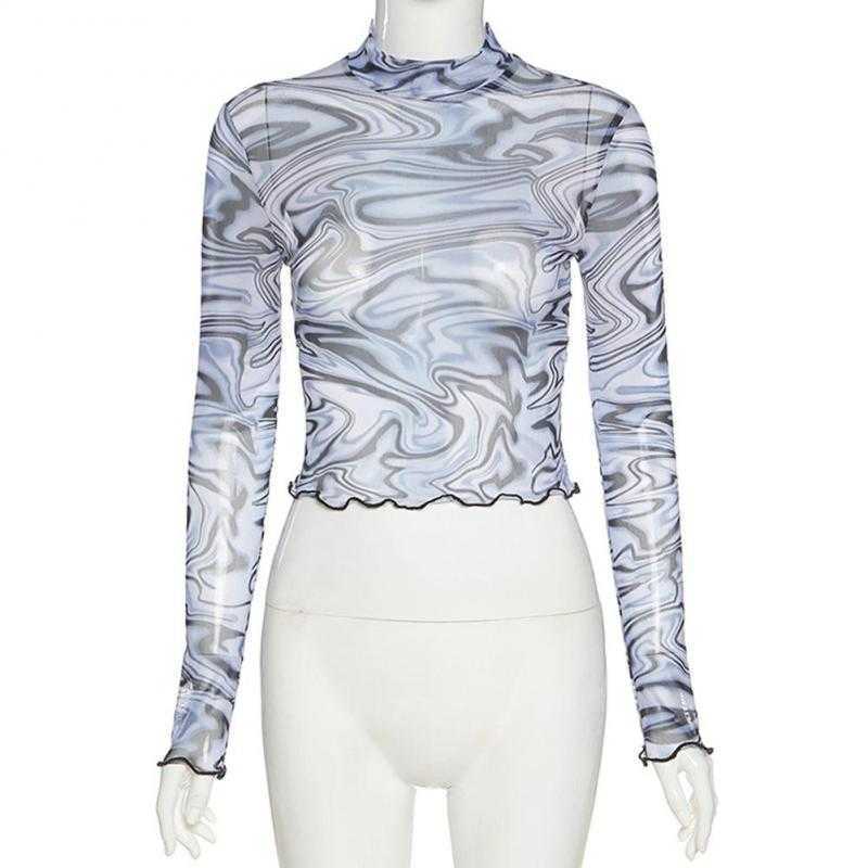 Yedinas Long Sleeve Crop Tops T Shirts Women Transparents Ruffles Hems Mesh Turtleneck Tshirt Y2k Aesthetic Top Streetwear 210527