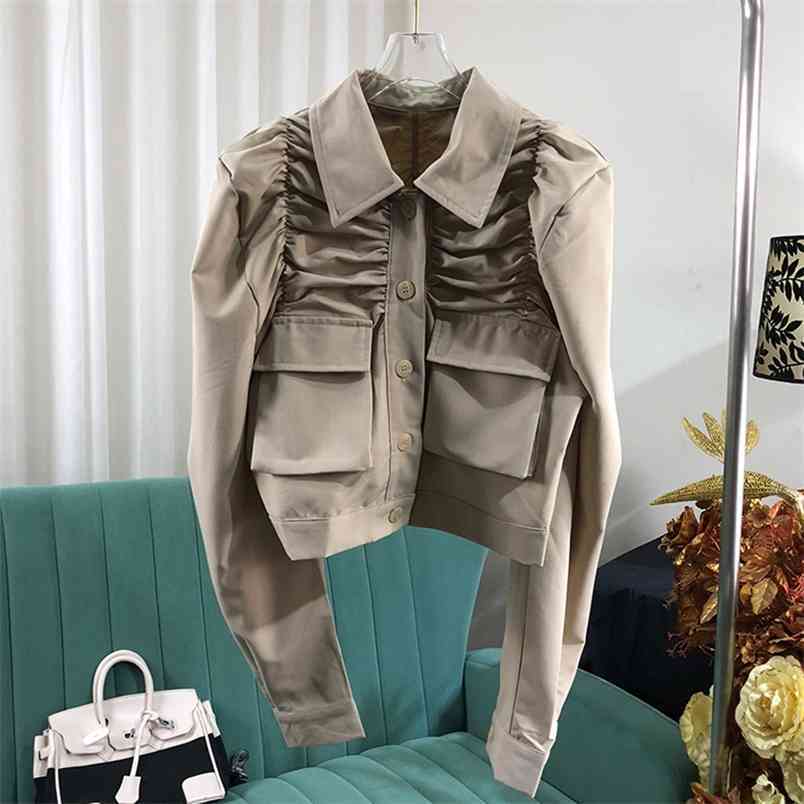 Free Fashion Ladies Blouse Top Elegant Bubble Long Sleeve Shirt Single Breasted Draped Pocket Short 210524