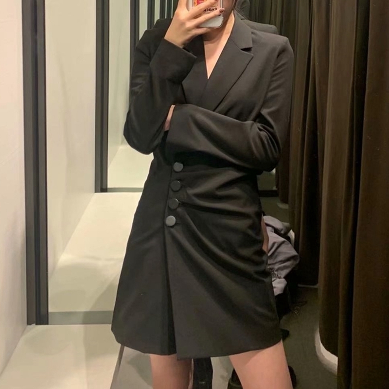 Elegant Women Notched Collar Blazer-Dress Fashion Ladies Draped Dress Streetwear Female Chic Asymmetric Mini Dresses 210430