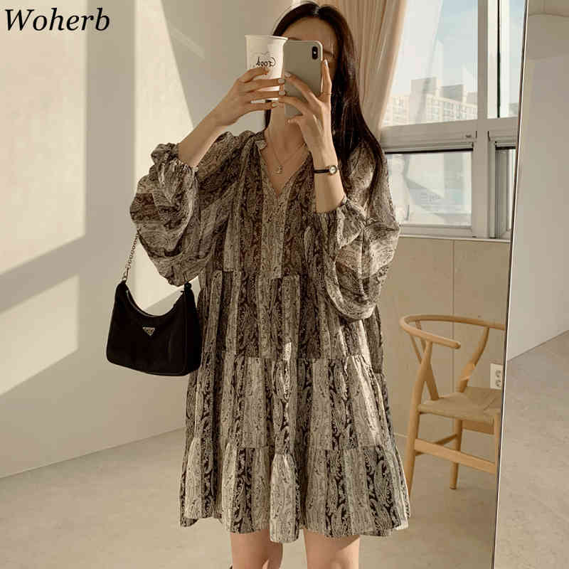 Vestidos Mujer Summer V Neck Printed Vintage Dress Indie Folk Lantern Sleeve Loose Korean Fashion Dresses Women 210519