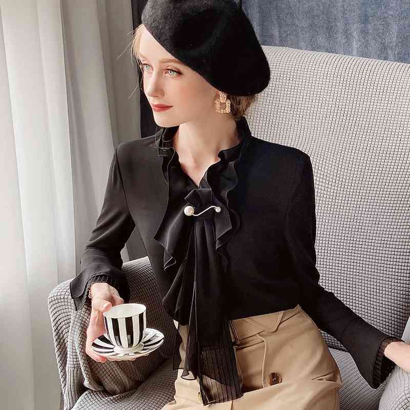 Dabuwawa Elegant Black Women Solid Chiffon Blouse Autumn Office Lady Long Sleeve Bow Front Blouses Shirts Tops Female DT1CST010 210520