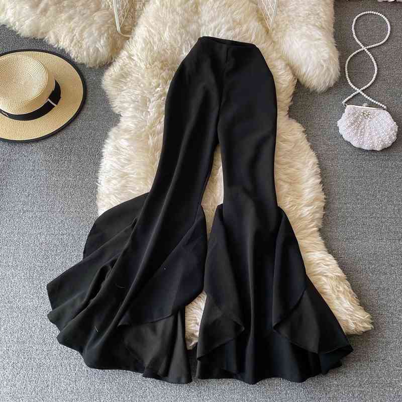 Fashion Ruffle Flare Pants Black Women Bodycon High Waist Bell-Bottoms Pant Chic Solid Color Trouser Streetwear 210506