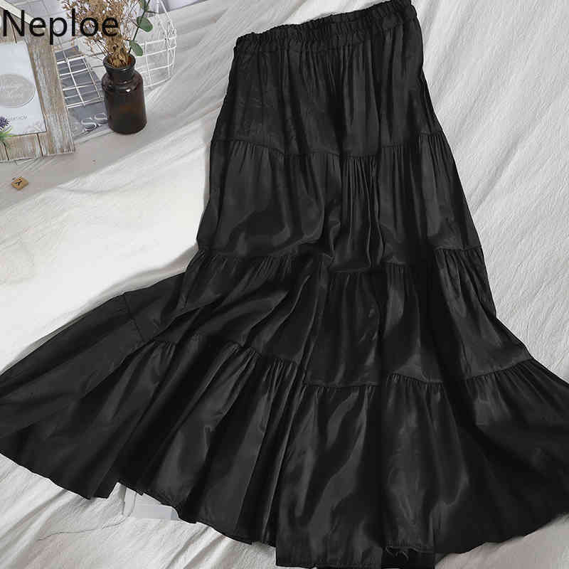 Neploe Ruffle Patchwork Skirts Women Elastic High Waist A-line Big Swing Faldas All-match Thin Solid Color Pleated Skirt Female 210422