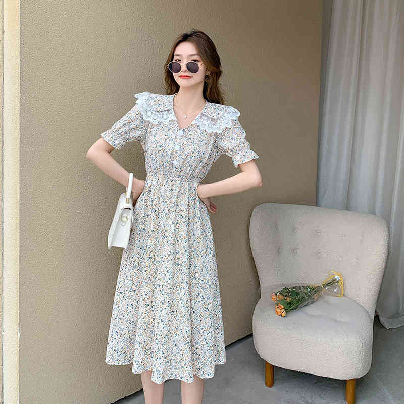 Vintage V Neck Floral Dress Women Elegant Chiffon Midi Peter Pan Collar Short Puff Sleeve Casual Summer 210515