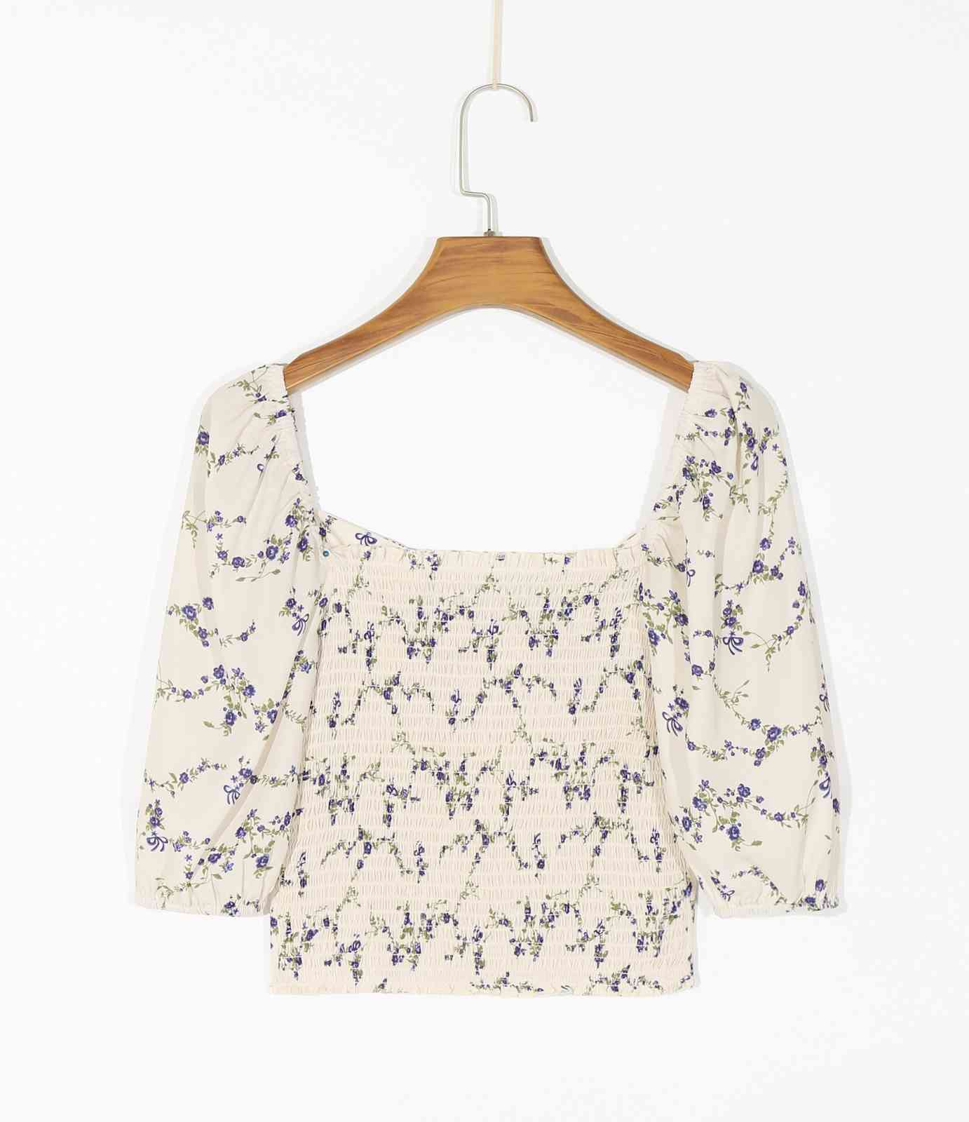 Spring Women harajuku Square Collar Shirt France Style Retro Elastic Ruched Floral Print Half Sleeve Slim Fit Blouse Tops 210429